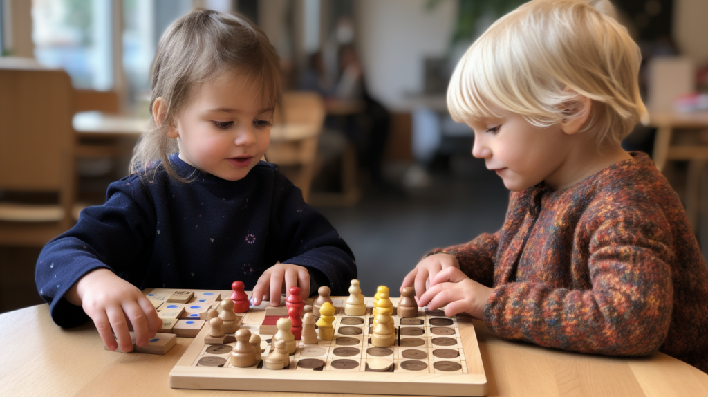 Two children are playing together with wooden Montessori material in the classroom
