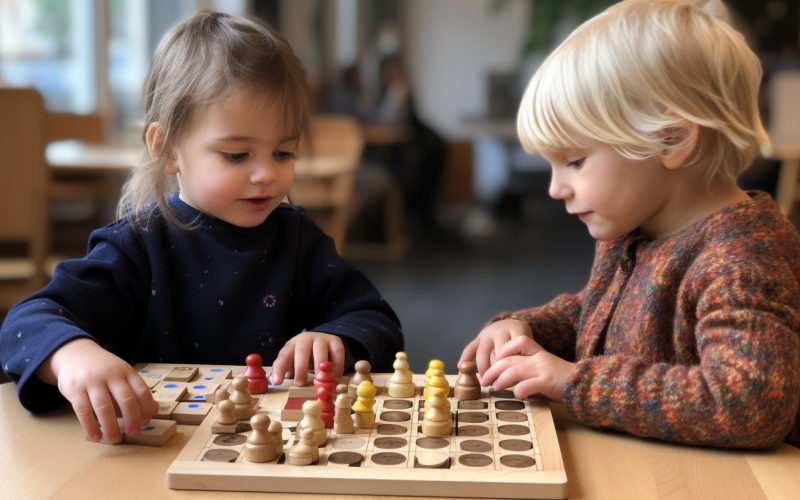two children playing with montessori material inside the classroom
